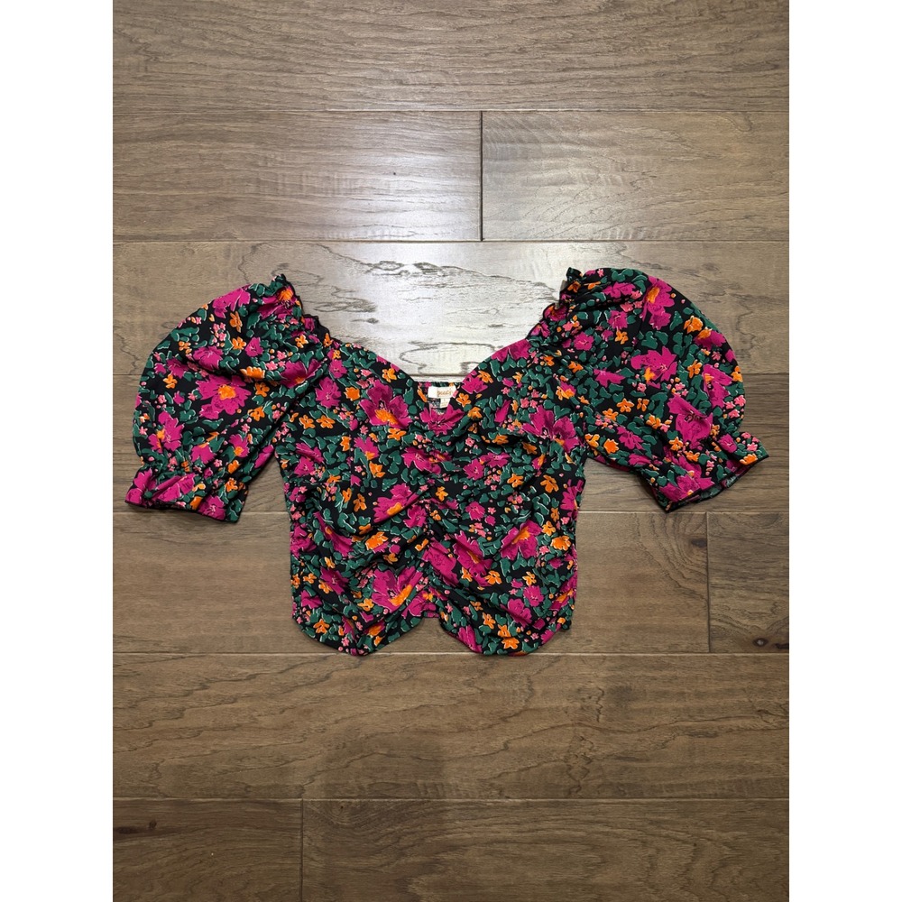 Peach Floral Puff Sleeve Smocked Back Ruched Crop Top ET1507R Pink‎ Orange Large